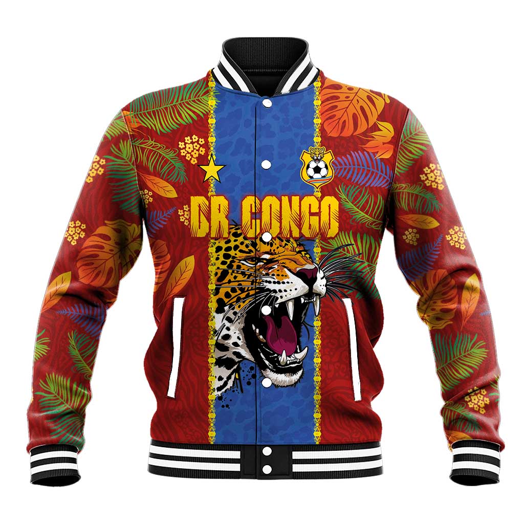 Custom DR Congo National Football Baseball Jacket The Leopards Tropical Jungle Leaf Botanical Art