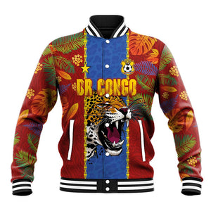 Custom DR Congo National Football Baseball Jacket The Leopards Tropical Jungle Leaf Botanical Art