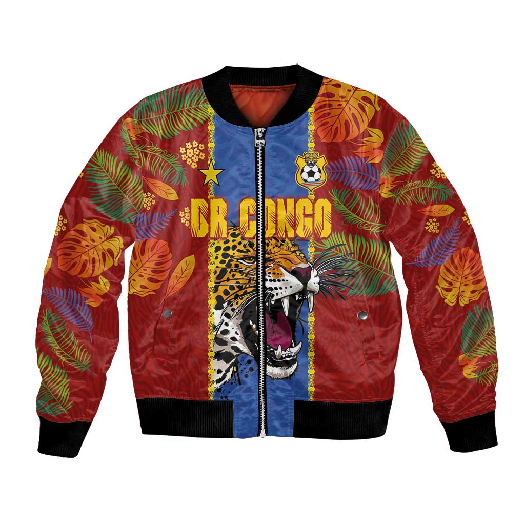 Custom DR Congo National Football Bomber Jacket The Leopards Tropical Jungle Leaf Botanical Art