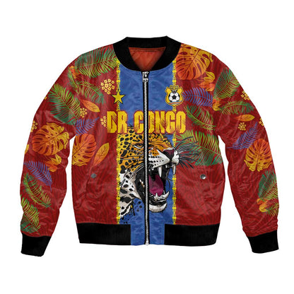 Custom DR Congo National Football Bomber Jacket The Leopards Tropical Jungle Leaf Botanical Art