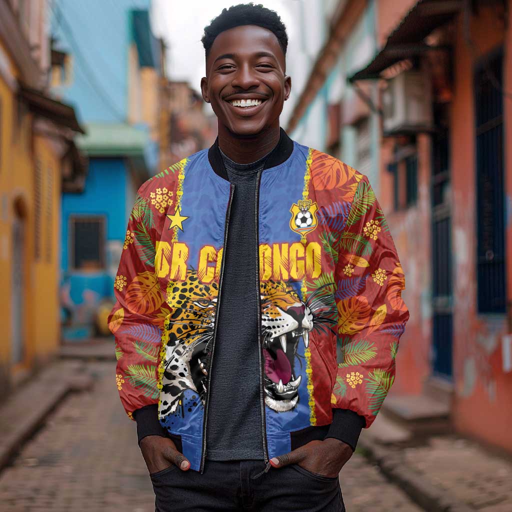 Custom DR Congo National Football Bomber Jacket The Leopards Tropical Jungle Leaf Botanical Art