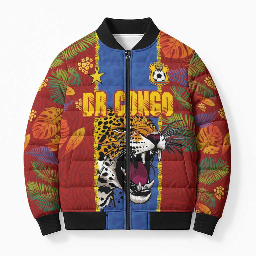 Custom DR Congo National Football Bomber Puffer Jacket The Leopards Tropical Jungle Leaf Botanical Art