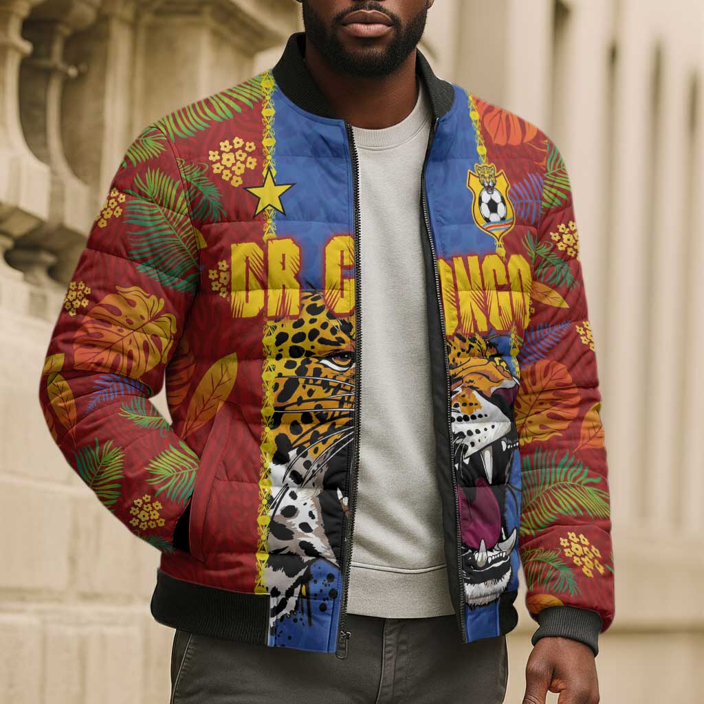 Custom DR Congo National Football Bomber Puffer Jacket The Leopards Tropical Jungle Leaf Botanical Art