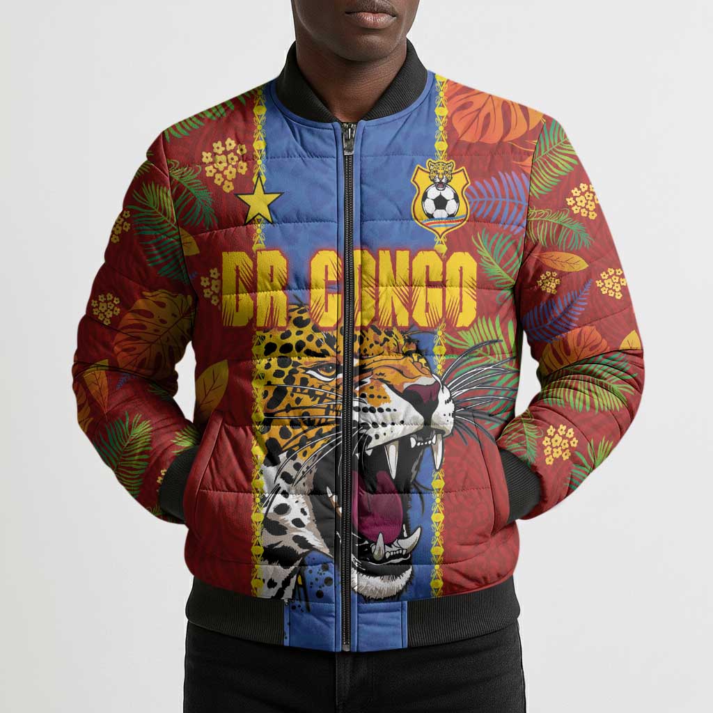 Custom DR Congo National Football Bomber Puffer Jacket The Leopards Tropical Jungle Leaf Botanical Art