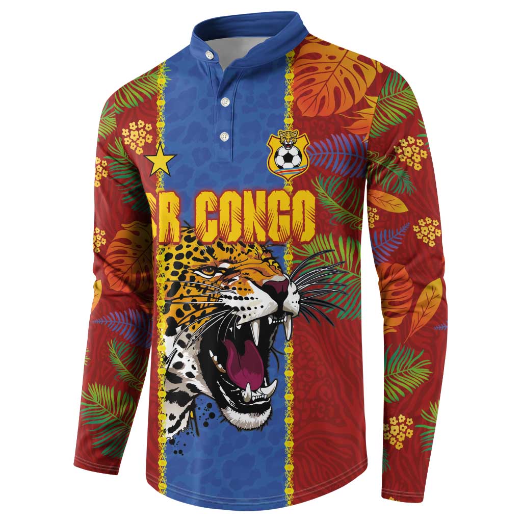 Custom DR Congo National Football Button Sweatshirt The Leopards Tropical Jungle Leaf Botanical Art