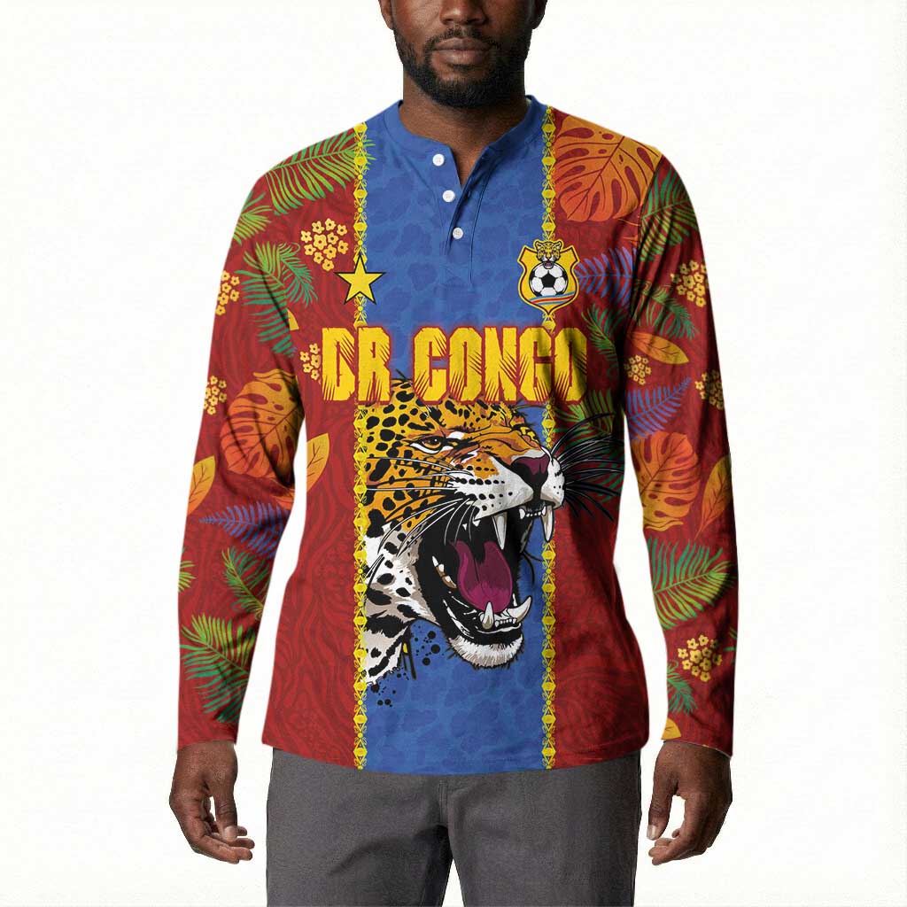 Custom DR Congo National Football Button Sweatshirt The Leopards Tropical Jungle Leaf Botanical Art