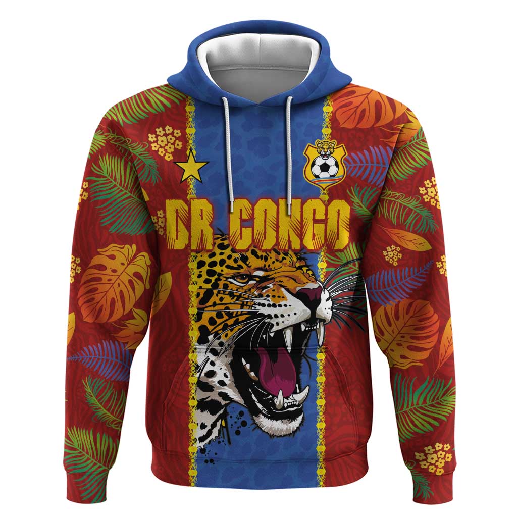 Custom DR Congo National Football Hoodie The Leopards Tropical Jungle Leaf Botanical Art