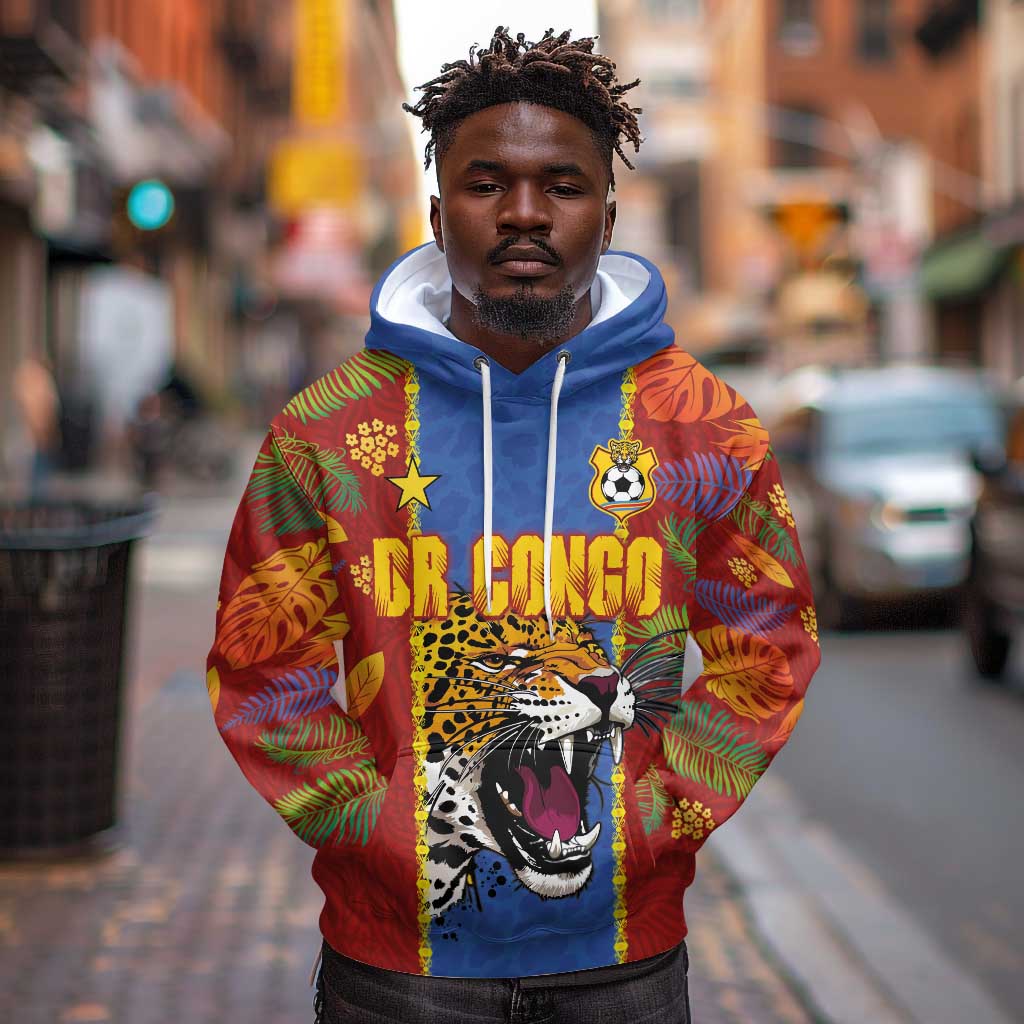 Custom DR Congo National Football Hoodie The Leopards Tropical Jungle Leaf Botanical Art