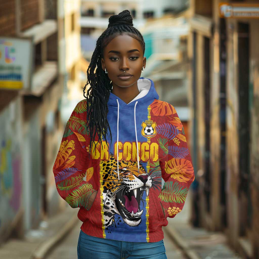 Custom DR Congo National Football Hoodie The Leopards Tropical Jungle Leaf Botanical Art