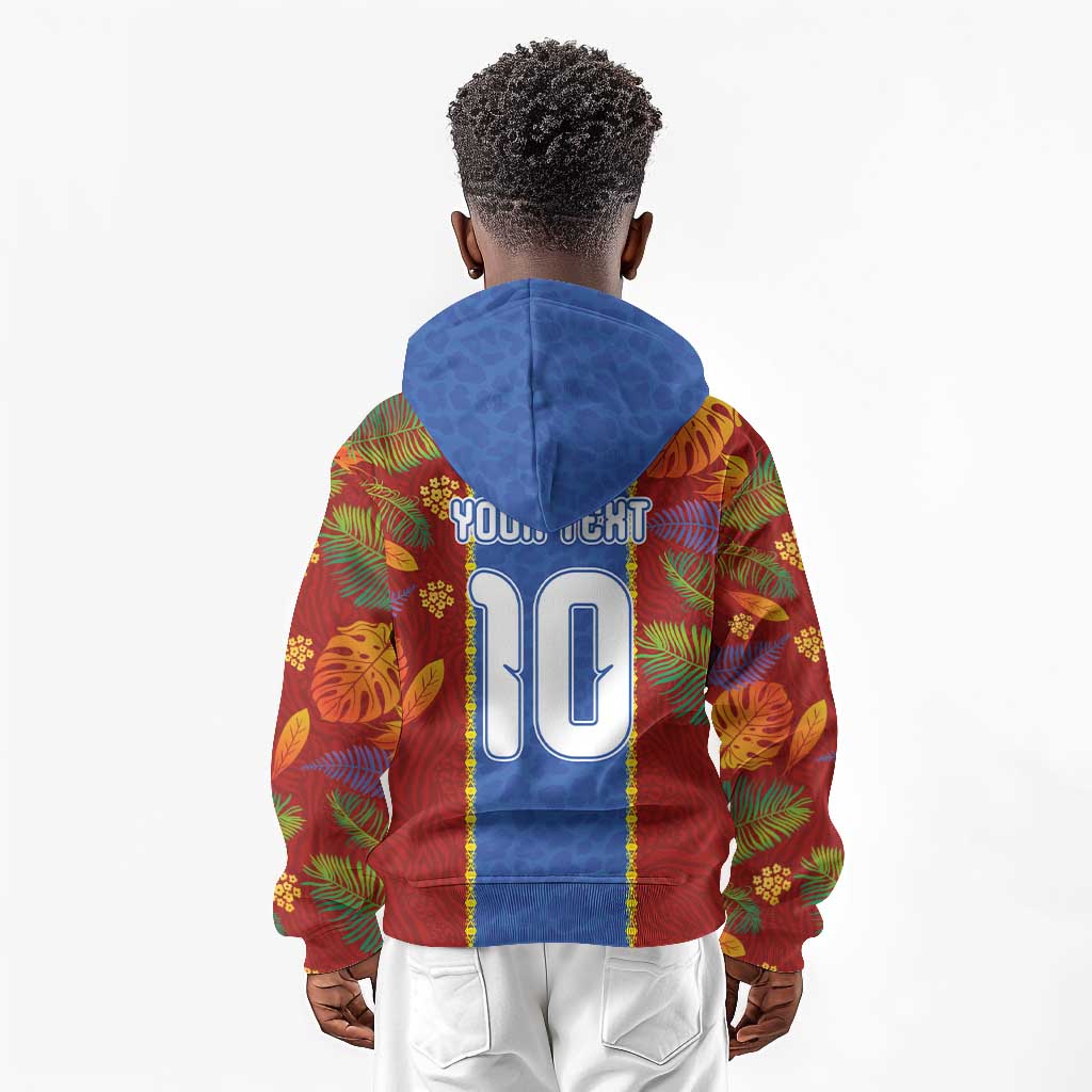 Custom DR Congo National Football Kid Hoodie The Leopards Tropical Jungle Leaf Botanical Art