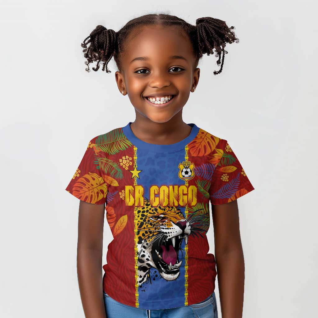 Custom DR Congo National Football Kid T shirt The Leopards Tropical Jungle Leaf Botanical Art