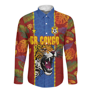 Custom DR Congo National Football Long Sleeve Button Shirt The Leopards Tropical Jungle Leaf Botanical Art