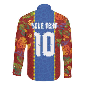 Custom DR Congo National Football Long Sleeve Button Shirt The Leopards Tropical Jungle Leaf Botanical Art