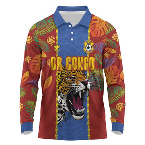 Custom DR Congo National Football Long Sleeve Polo Shirt The Leopards Tropical Jungle Leaf Botanical Art