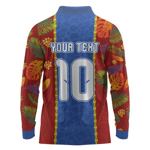 Custom DR Congo National Football Long Sleeve Polo Shirt The Leopards Tropical Jungle Leaf Botanical Art