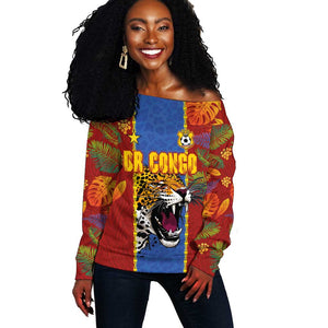 Custom DR Congo National Football Off Shoulder Sweater The Leopards Tropical Jungle Leaf Botanical Art