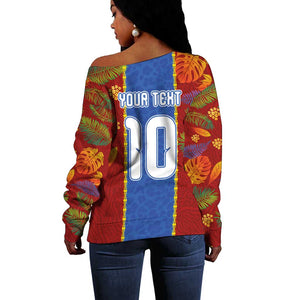 Custom DR Congo National Football Off Shoulder Sweater The Leopards Tropical Jungle Leaf Botanical Art
