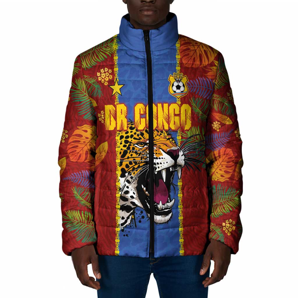 Custom DR Congo National Football Padded Jacket The Leopards Tropical Jungle Leaf Botanical Art