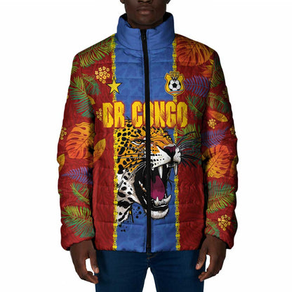 Custom DR Congo National Football Padded Jacket The Leopards Tropical Jungle Leaf Botanical Art