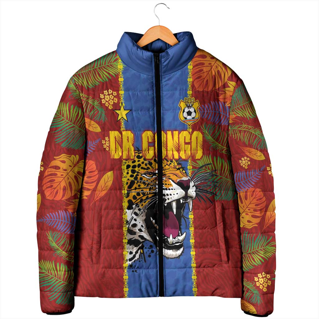 Custom DR Congo National Football Padded Jacket The Leopards Tropical Jungle Leaf Botanical Art