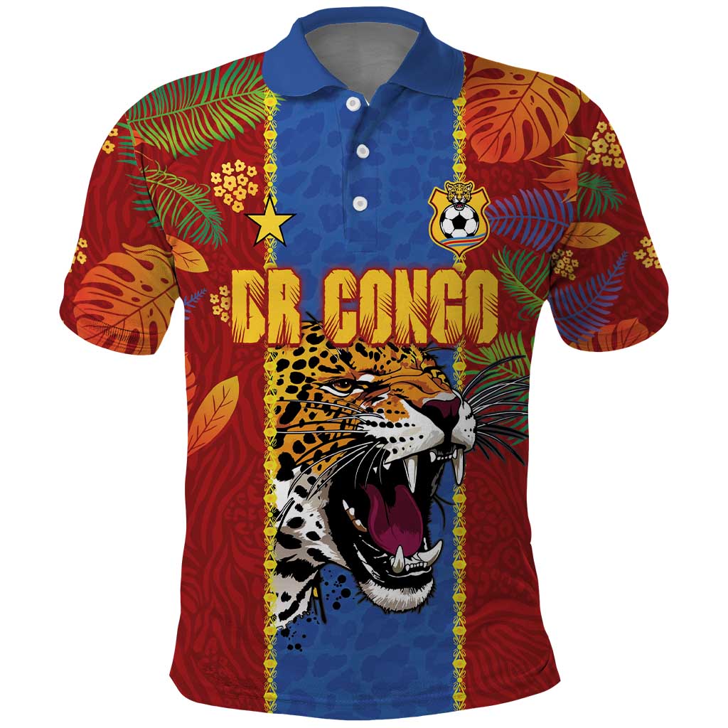 Custom DR Congo National Football Polo Shirt The Leopards Tropical Jungle Leaf Botanical Art