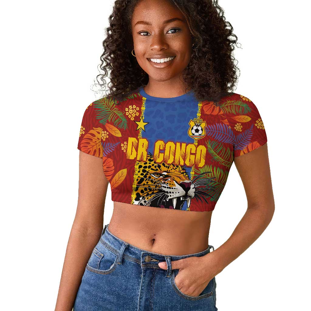 Custom DR Congo National Football Raglan Cropped T shirt The Leopards Tropical Jungle Leaf Botanical Art