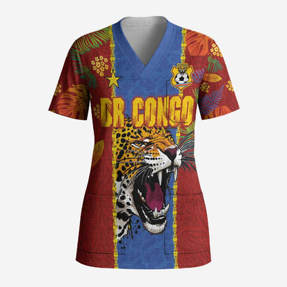 Custom DR Congo National Football Scrub Top The Leopards Tropical Jungle Leaf Botanical Art