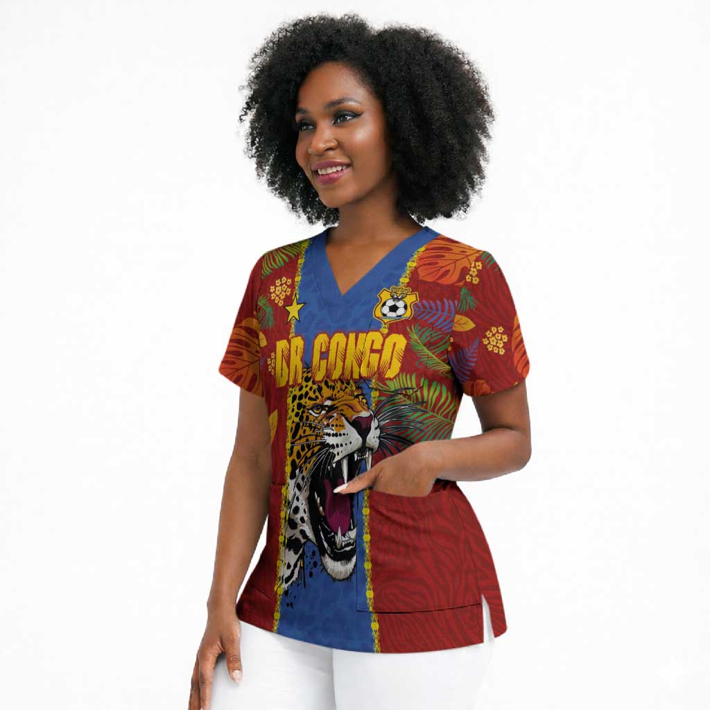 Custom DR Congo National Football Scrub Top The Leopards Tropical Jungle Leaf Botanical Art