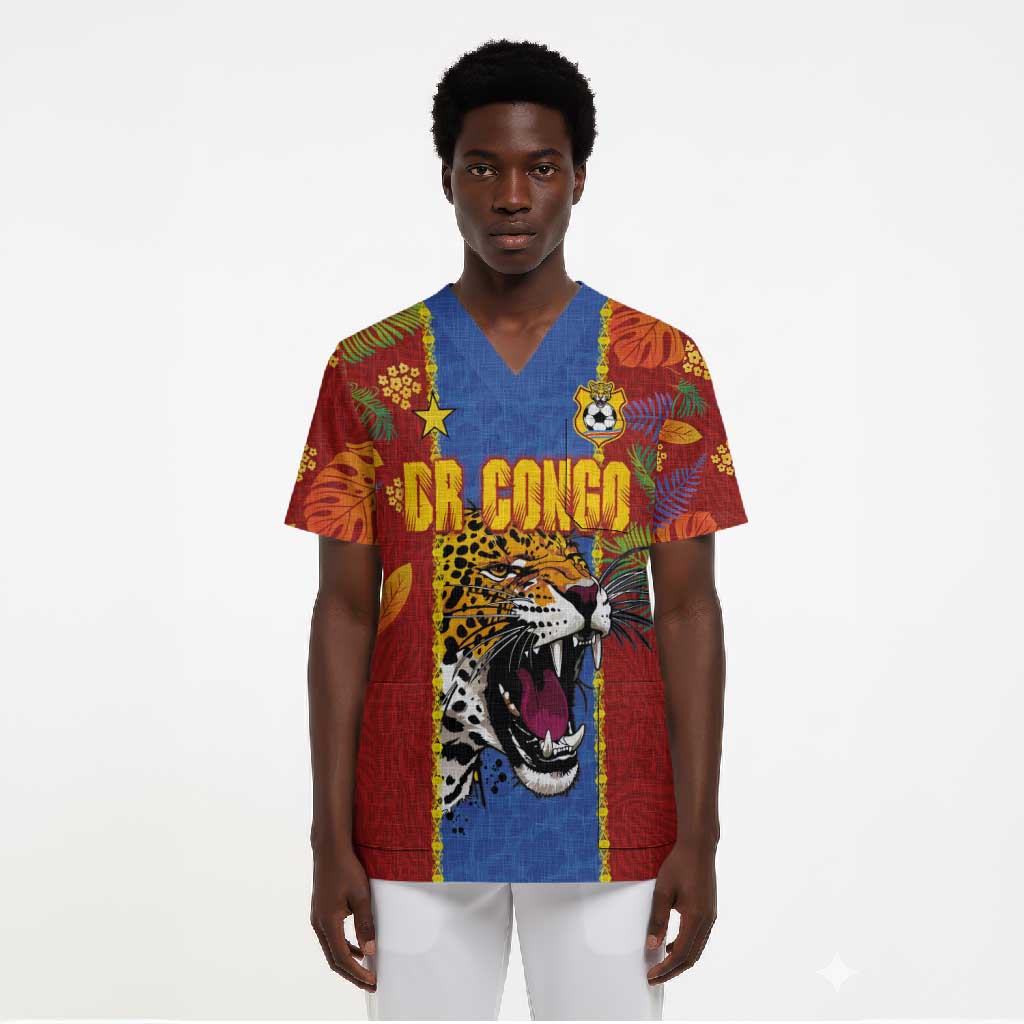 Custom DR Congo National Football Scrub Top The Leopards Tropical Jungle Leaf Botanical Art