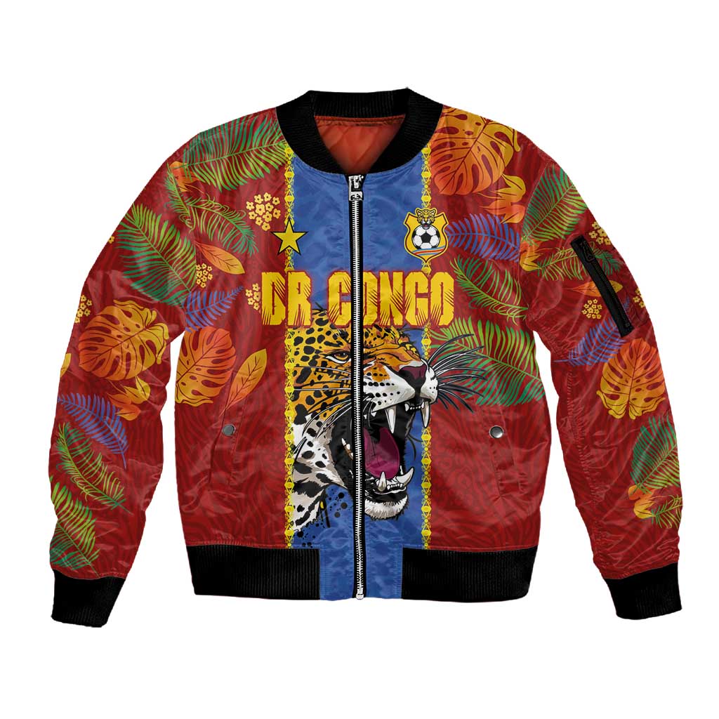 Custom DR Congo National Football Sleeve Zip Bomber Jacket The Leopards Tropical Jungle Leaf Botanical Art
