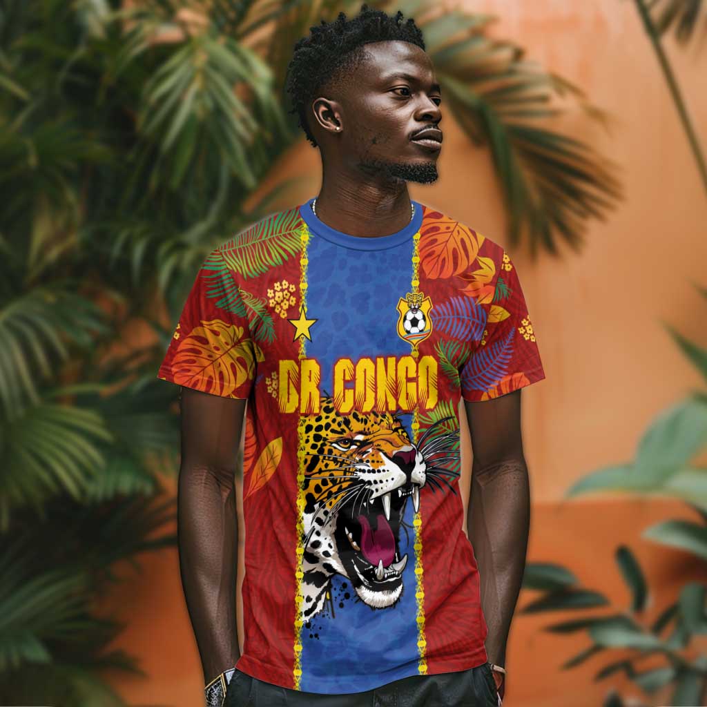 Custom DR Congo National Football T shirt The Leopards Tropical Jungle Leaf Botanical Art
