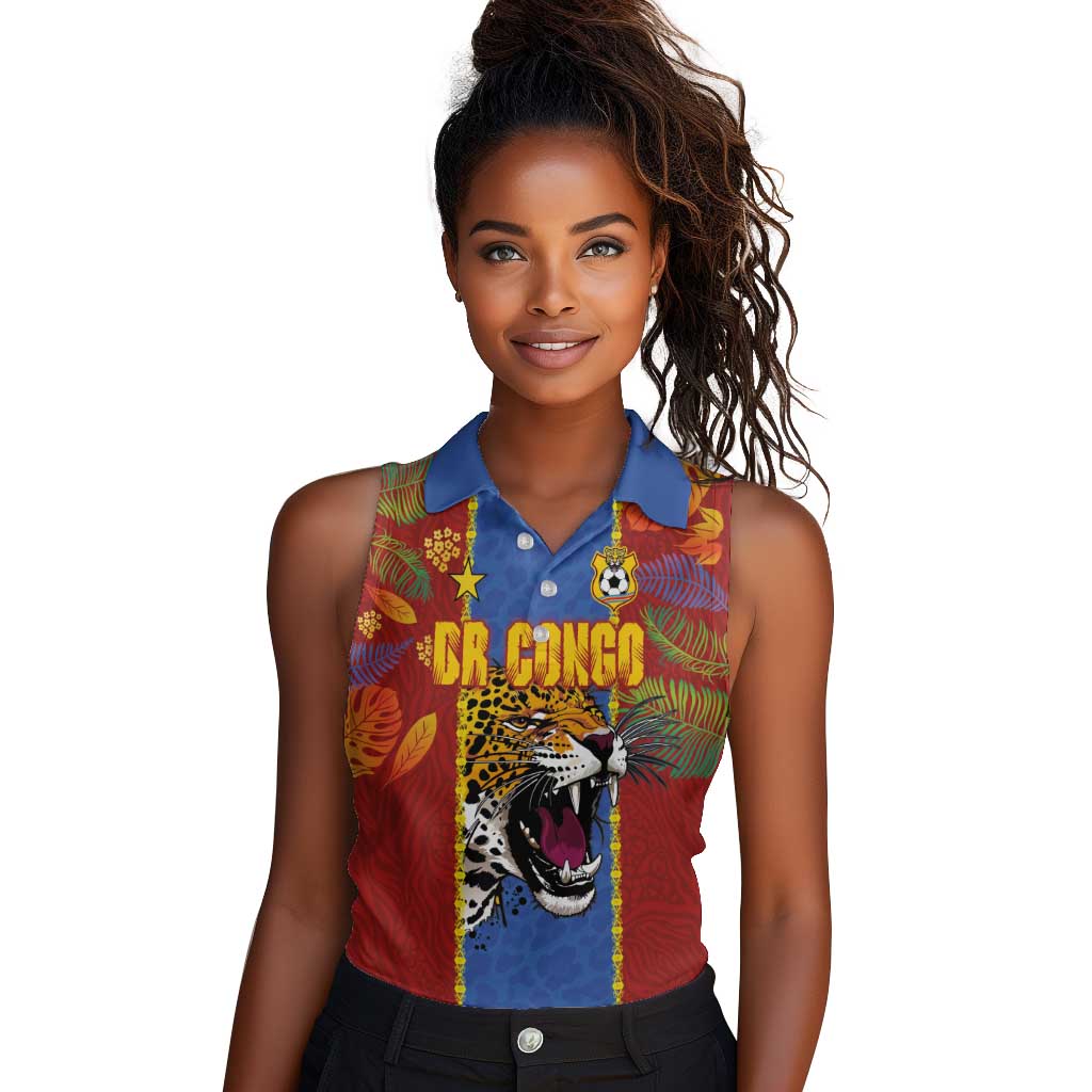 Custom DR Congo National Football Women Sleeveless Polo Shirt The Leopards Tropical Jungle Leaf Botanical Art