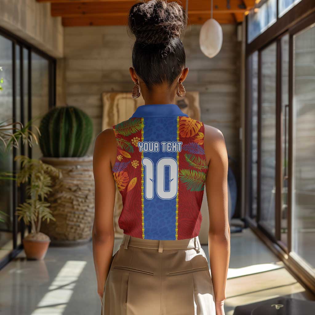 Custom DR Congo National Football Women Sleeveless Polo Shirt The Leopards Tropical Jungle Leaf Botanical Art