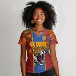 Custom DR Congo National Football Women V-Neck T-Shirt The Leopards Tropical Jungle Leaf Botanical Art