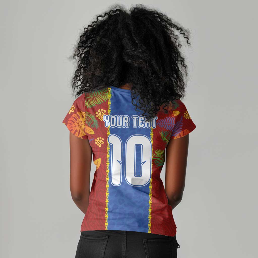 Custom DR Congo National Football Women V-Neck T-Shirt The Leopards Tropical Jungle Leaf Botanical Art