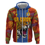 Custom DR Congo National Football Zip Hoodie The Leopards Tropical Jungle Leaf Botanical Art