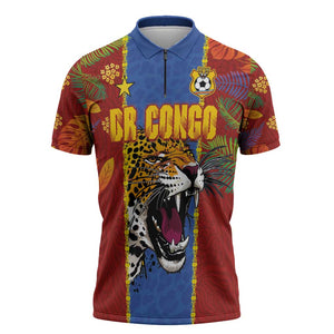 Custom DR Congo National Football Zipper Polo Shirt The Leopards Tropical Jungle Leaf Botanical Art