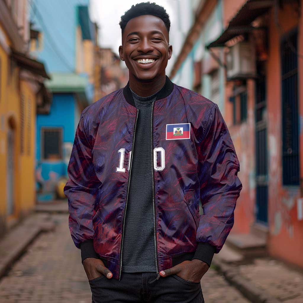Custom Haiti National Football Bomber Jacket Les Grenadiers Feather Pattern Coat Of Arms Art
