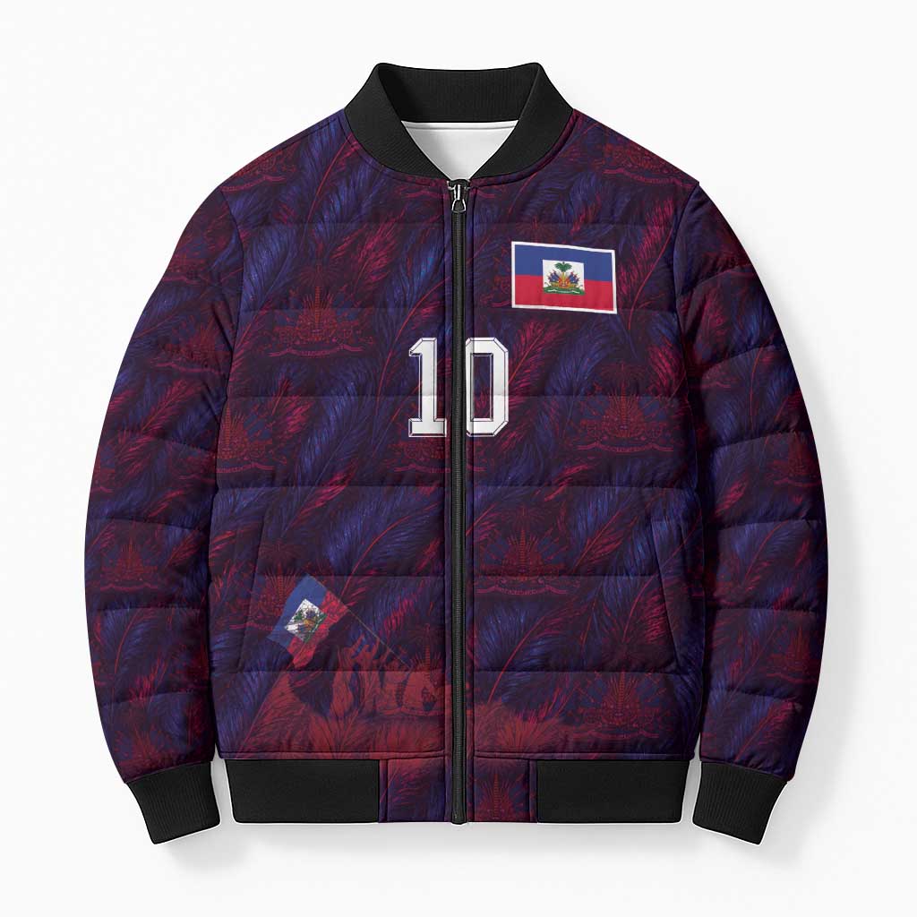 Custom Haiti National Football Bomber Puffer Jacket Les Grenadiers Feather Pattern Coat Of Arms Art