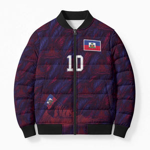 Custom Haiti National Football Bomber Puffer Jacket Les Grenadiers Feather Pattern Coat Of Arms Art