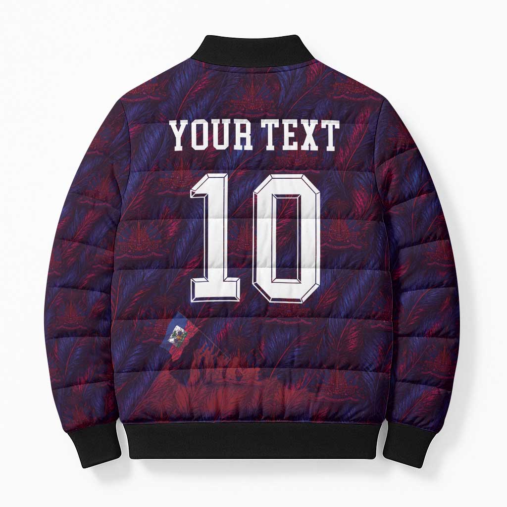 Custom Haiti National Football Bomber Puffer Jacket Les Grenadiers Feather Pattern Coat Of Arms Art