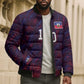 Custom Haiti National Football Bomber Puffer Jacket Les Grenadiers Feather Pattern Coat Of Arms Art