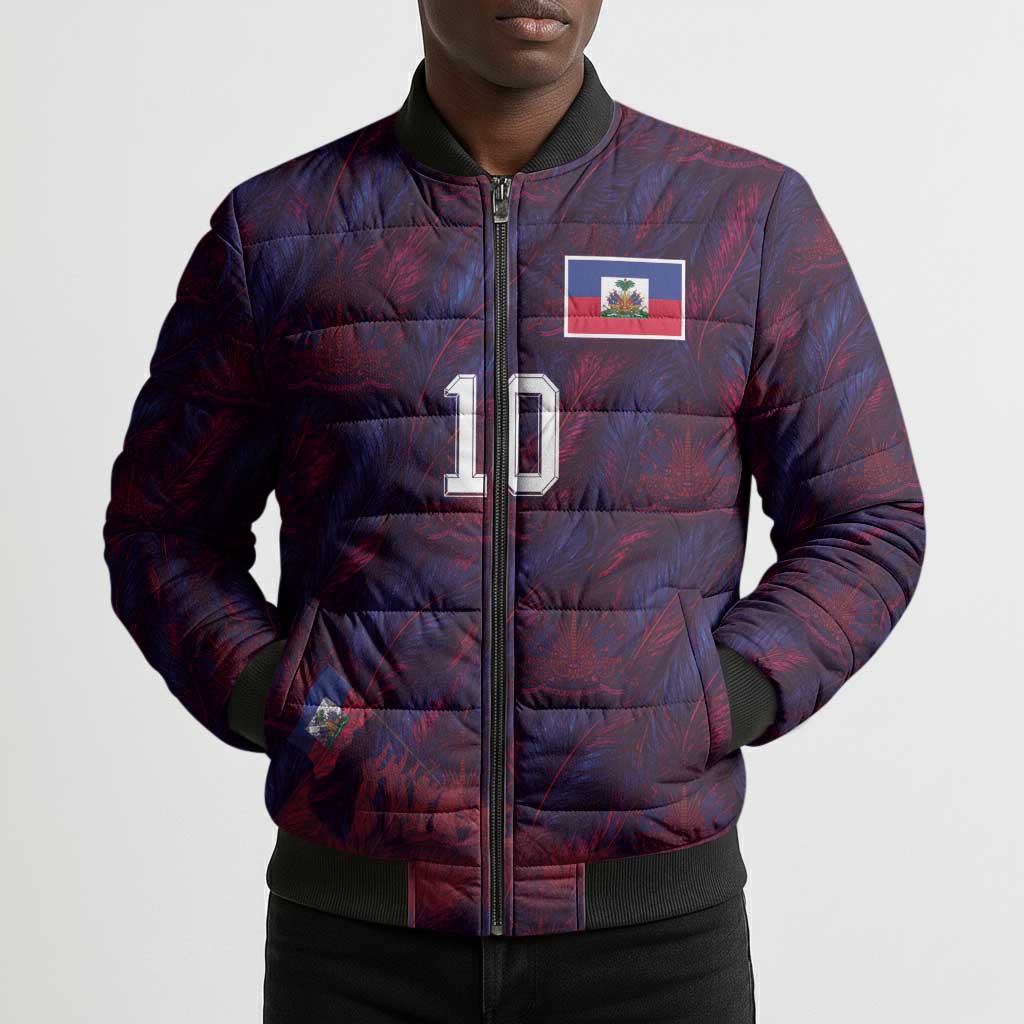 Custom Haiti National Football Bomber Puffer Jacket Les Grenadiers Feather Pattern Coat Of Arms Art