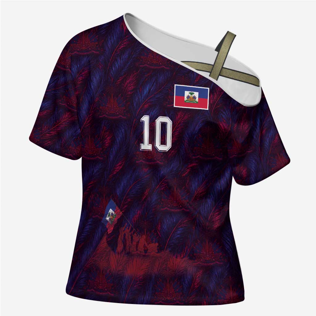 Custom Haiti National Football Cross Shoulder Shirt Les Grenadiers Feather Pattern Coat Of Arms Art