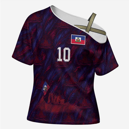 Custom Haiti National Football Cross Shoulder Shirt Les Grenadiers Feather Pattern Coat Of Arms Art