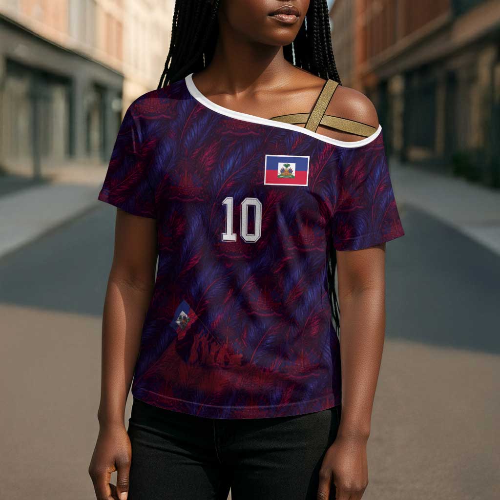 Custom Haiti National Football Cross Shoulder Shirt Les Grenadiers Feather Pattern Coat Of Arms Art