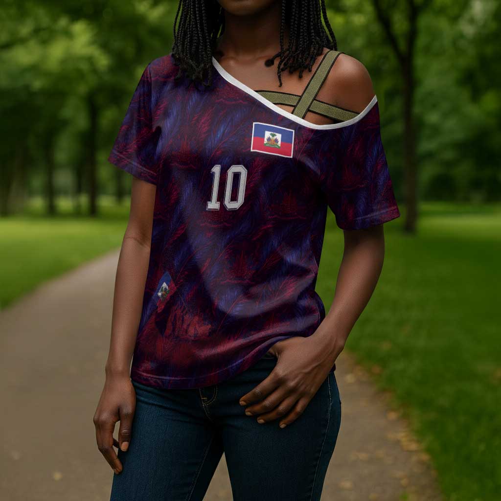 Custom Haiti National Football Cross Shoulder Shirt Les Grenadiers Feather Pattern Coat Of Arms Art