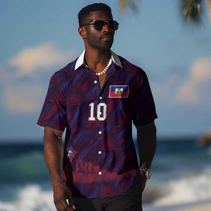 Custom Haiti National Football Hawaiian Shirt Les Grenadiers Feather Pattern Coat Of Arms Art