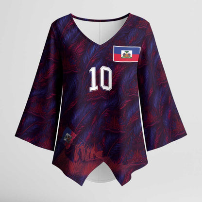 Custom Haiti National Football Kimono Sleeve Blouse Les Grenadiers Feather Pattern Coat Of Arms Art