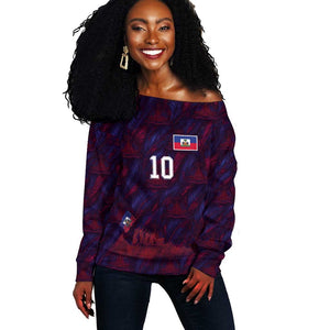 Custom Haiti National Football Off Shoulder Sweater Les Grenadiers Feather Pattern Coat Of Arms Art